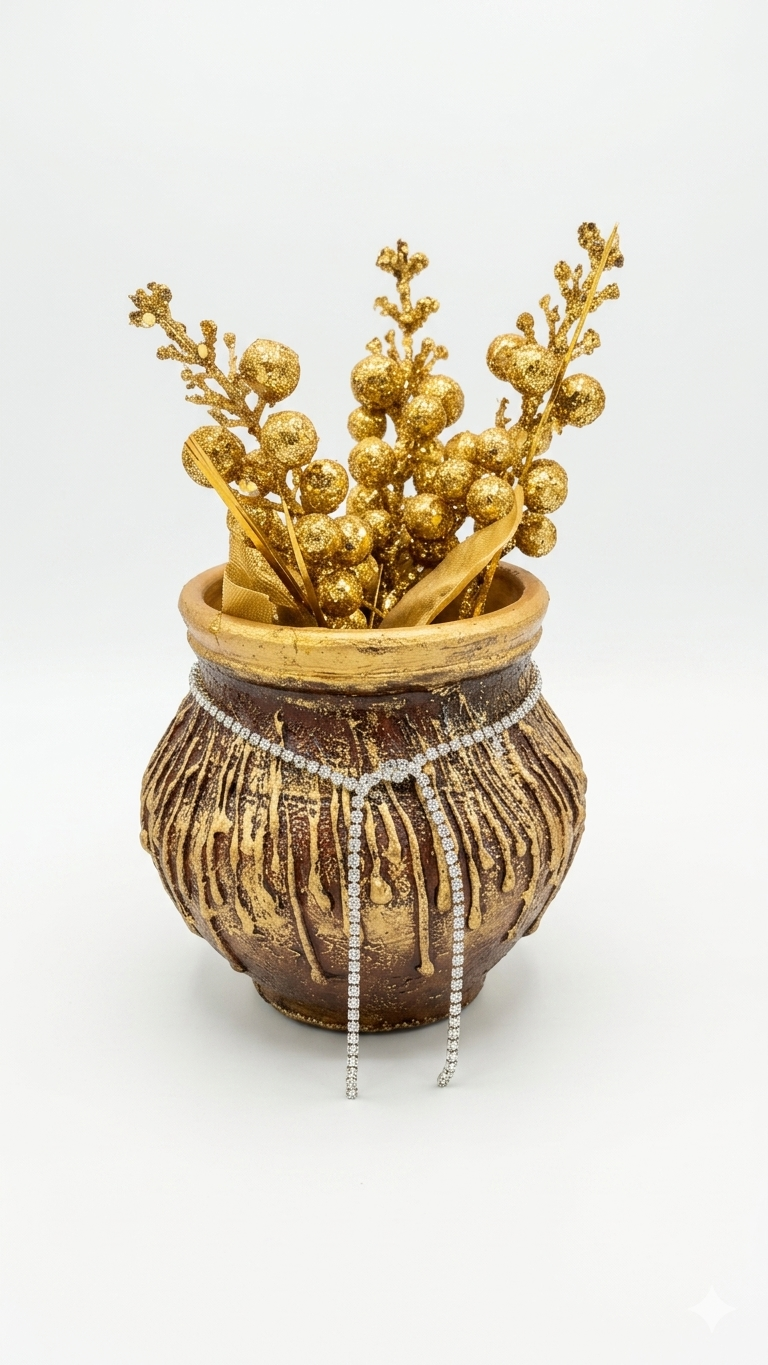 5 inches antique brown golden terracotta/ clay/ mitti/ earthen pot with silver stone chain for home/ living room/ tabletop/ office/ hotel decor - close-up