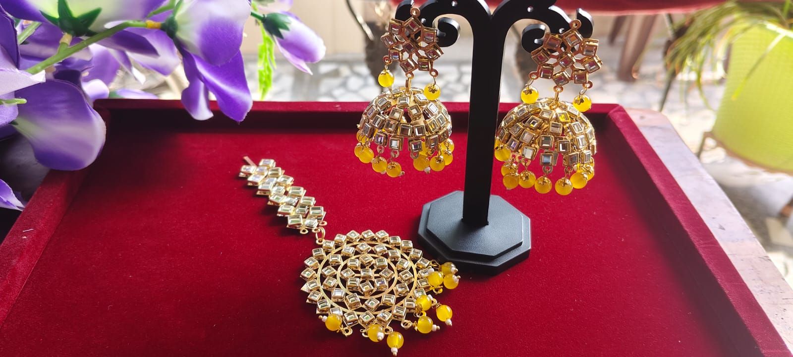Mirror work jhumka with Tikka