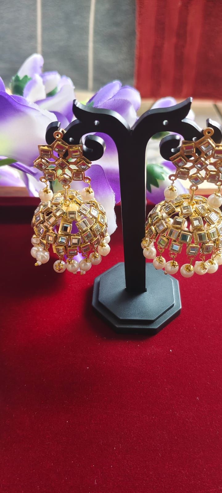 Mirror work jhumka with Tikka  - in use