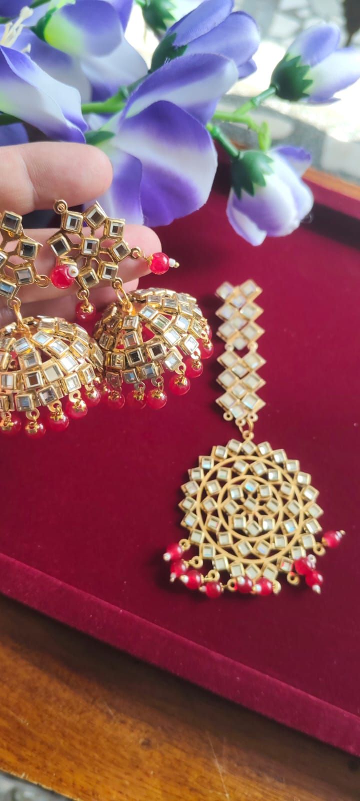Mirror work jhumka with Tikka  - close-up