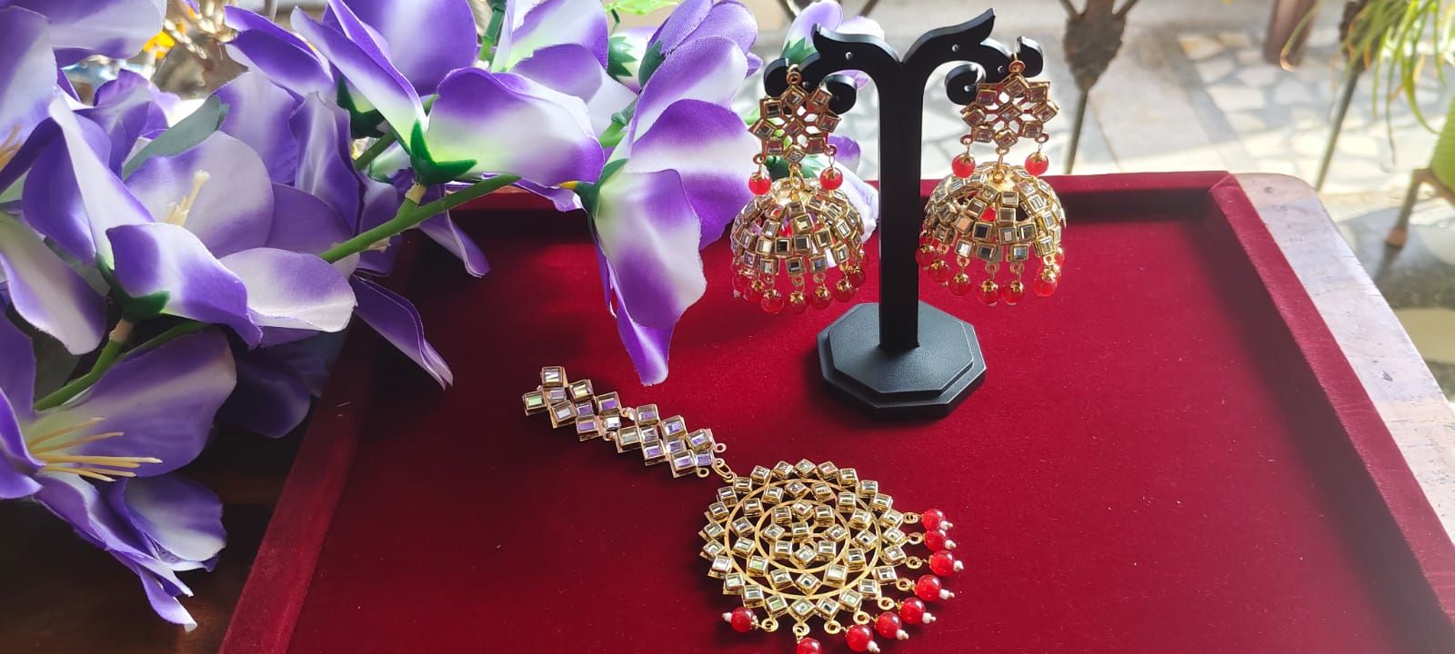 Mirror work jhumka with Tikka  - alternative angle