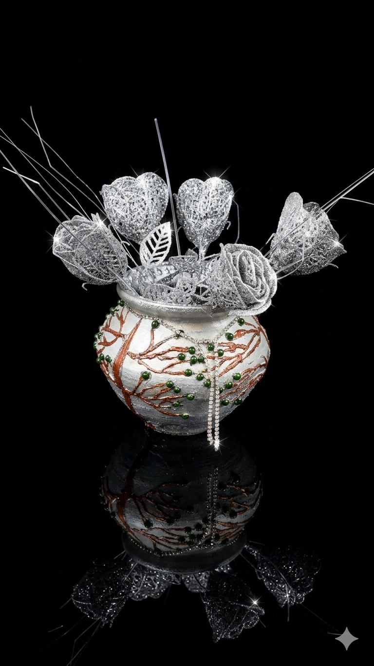 Handcrafted Silver Earthen Pot with 3D Tree Design and Blue Interior