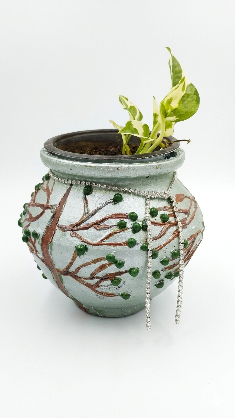 Handcrafted and hand painted silver earthen pot with 3D tree design| blue interior decorative planter, multi use, perfect for diya holder, tabletop decor, home decor, living room decor, bedroom decor - back view