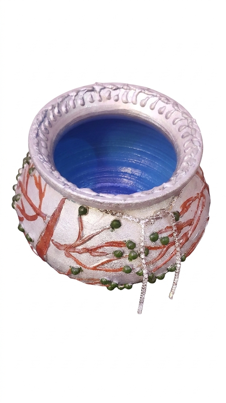 Handcrafted and hand painted silver earthen pot with 3D tree design| blue interior decorative planter, multi use, perfect for diya holder, tabletop decor, home decor, living room decor, bedroom decor - detail view
