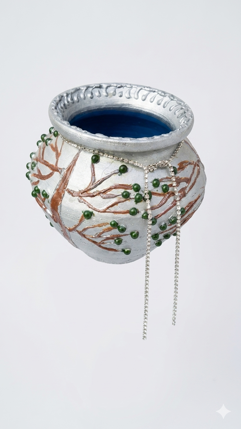Handcrafted and hand painted silver earthen pot with 3D tree design| blue interior decorative planter, multi use, perfect for diya holder, tabletop decor, home decor, living room decor, bedroom decor - in use
