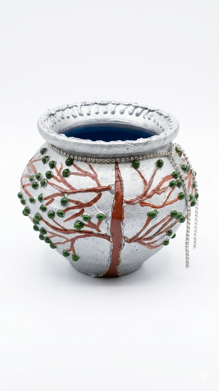 Handcrafted and hand painted silver earthen pot with 3D tree design| blue interior decorative planter, multi use, perfect for diya holder, tabletop decor, home decor, living room decor, bedroom decor - close-up