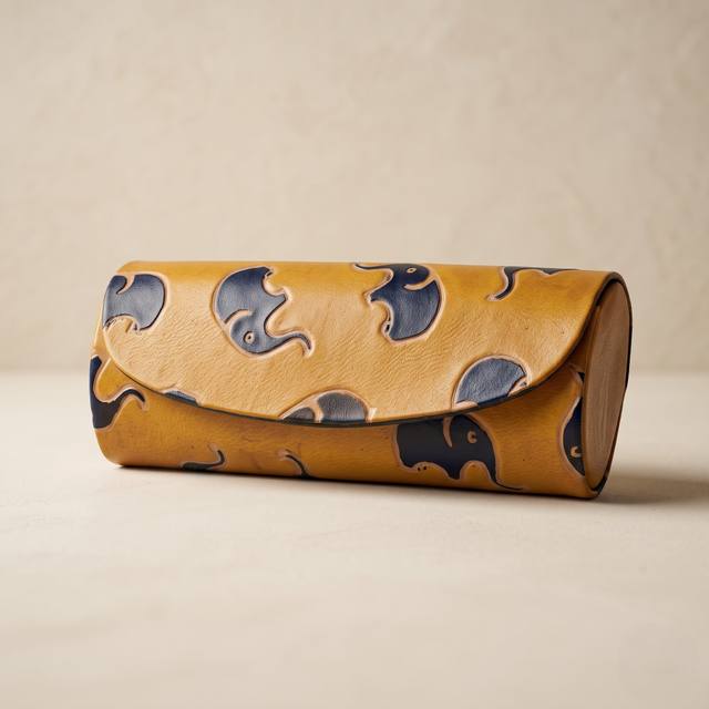 Hand-Embossed Leather Spectacle Case with Elephant Motif