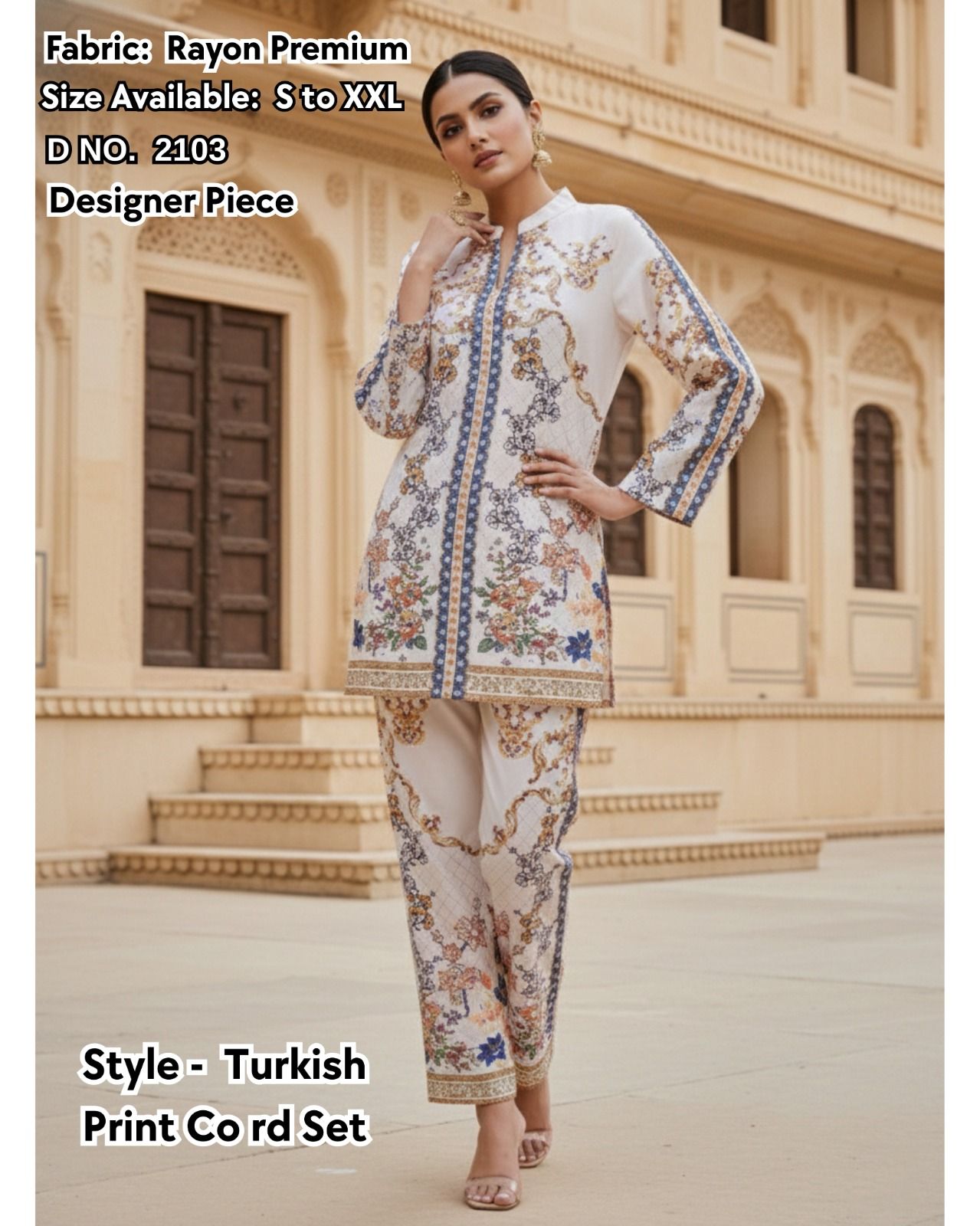 Premium Turkish Print Rayon 2-Piece Co-Ord Set (Off-White)