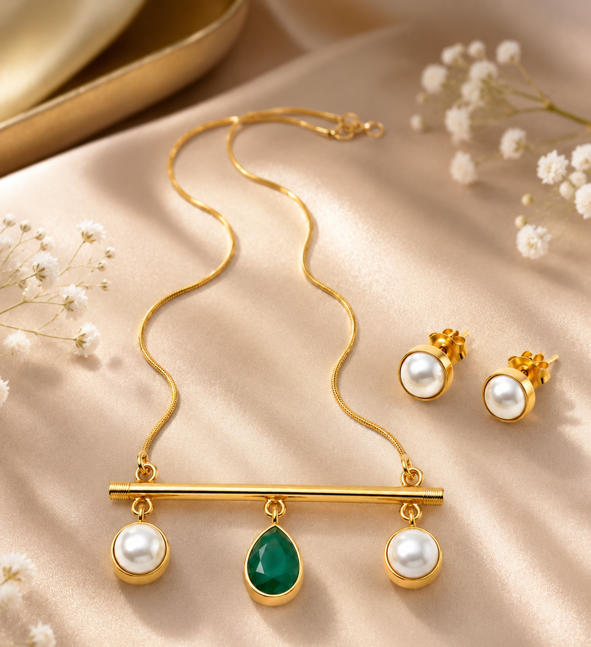 Three's A Charm Necklace Set : playful gemstone-inspired drops on a bar…