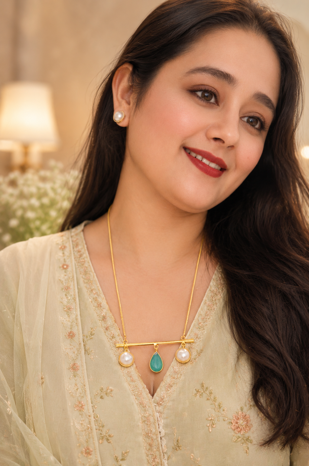 Three's A  Charm Necklace Set :  playful gemstone-inspired drops on a bar necklace, marching studs . Perfect for brunches, festive gatherings, office chic looks - back view