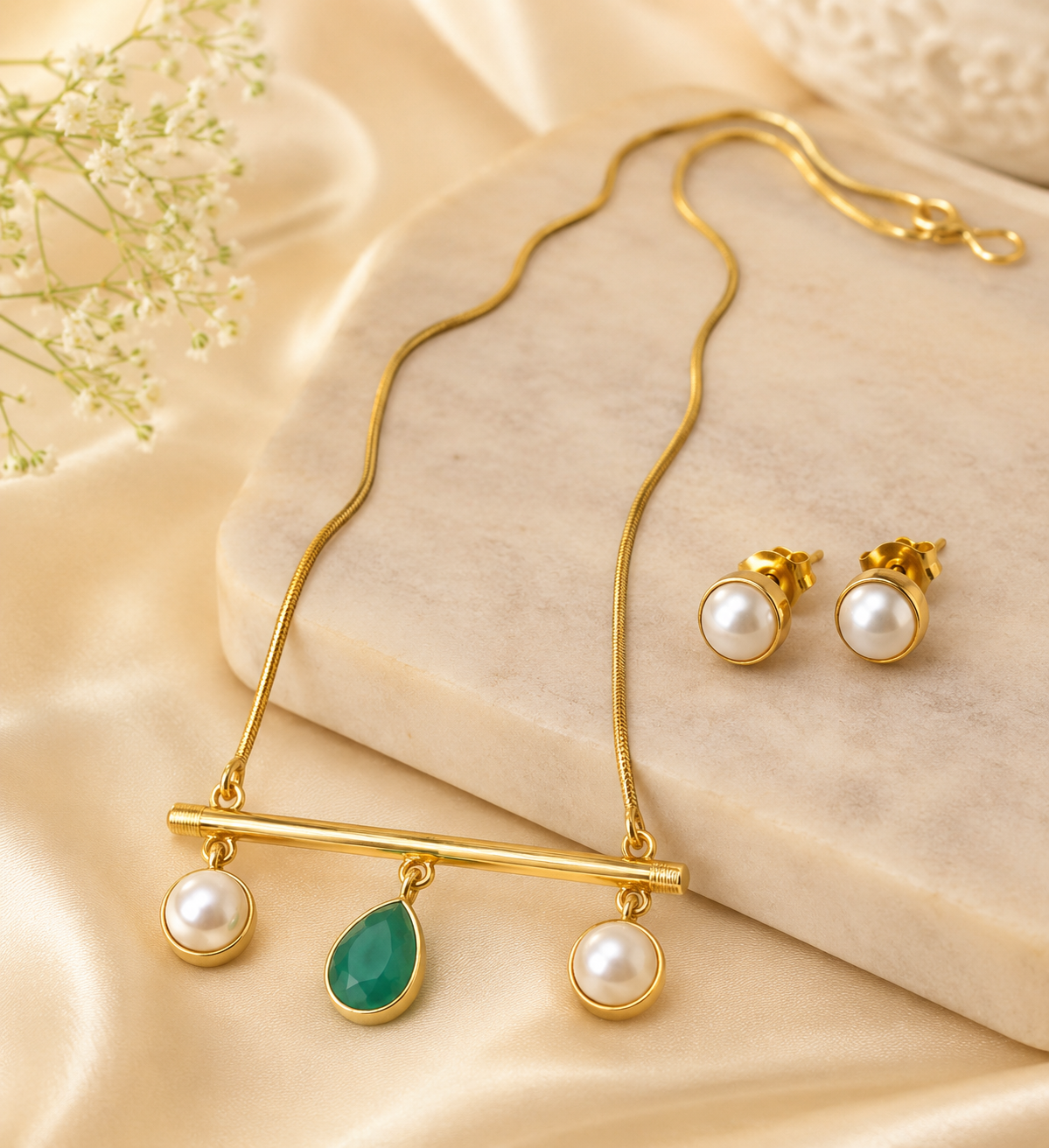 Three's A  Charm Necklace Set :  playful gemstone-inspired drops on a bar necklace, marching studs . Perfect for brunches, festive gatherings, office chic looks - in use