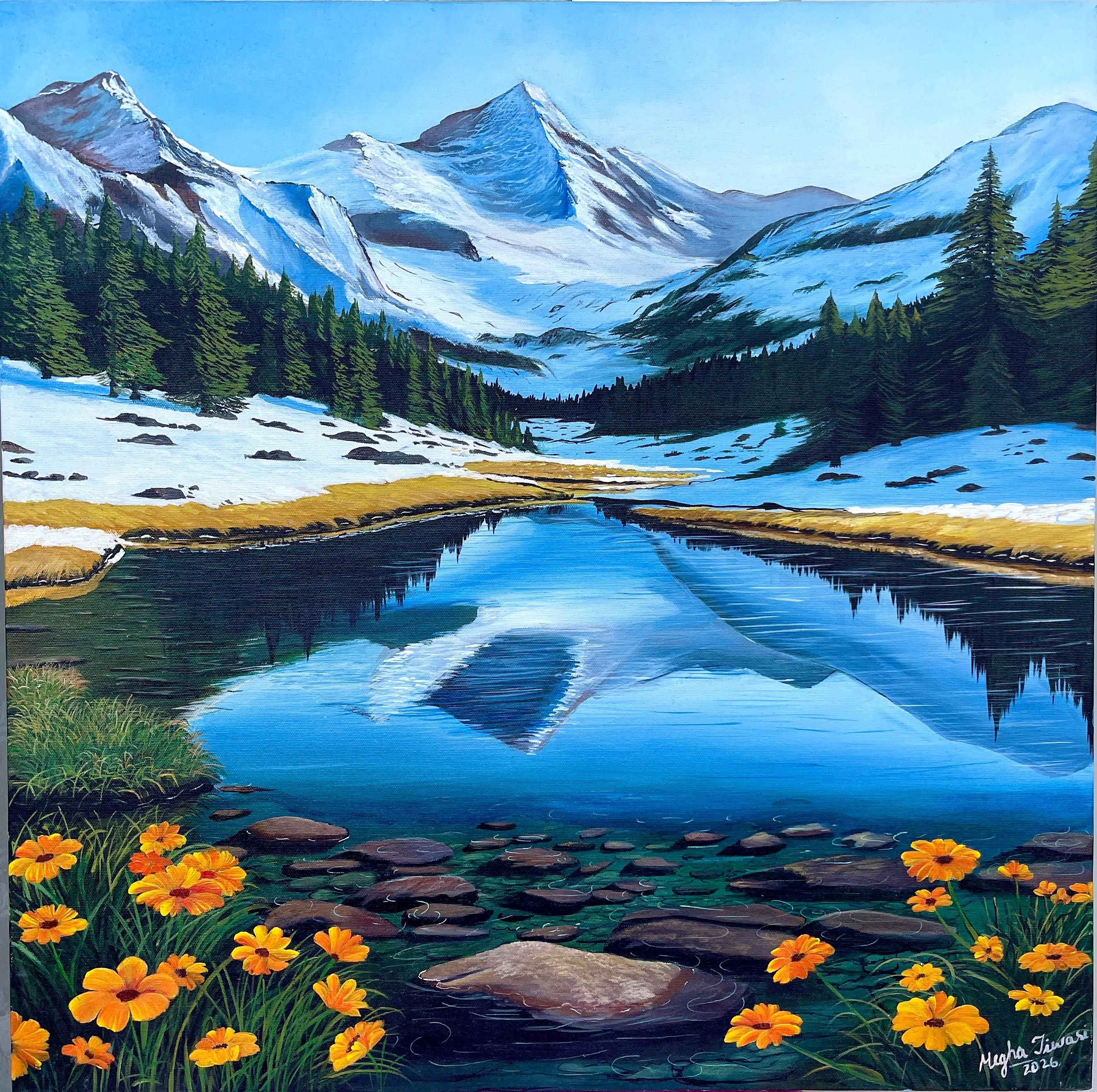 Original Hand-Painted Snow Mountain & Reflection Lake Canvas Painting