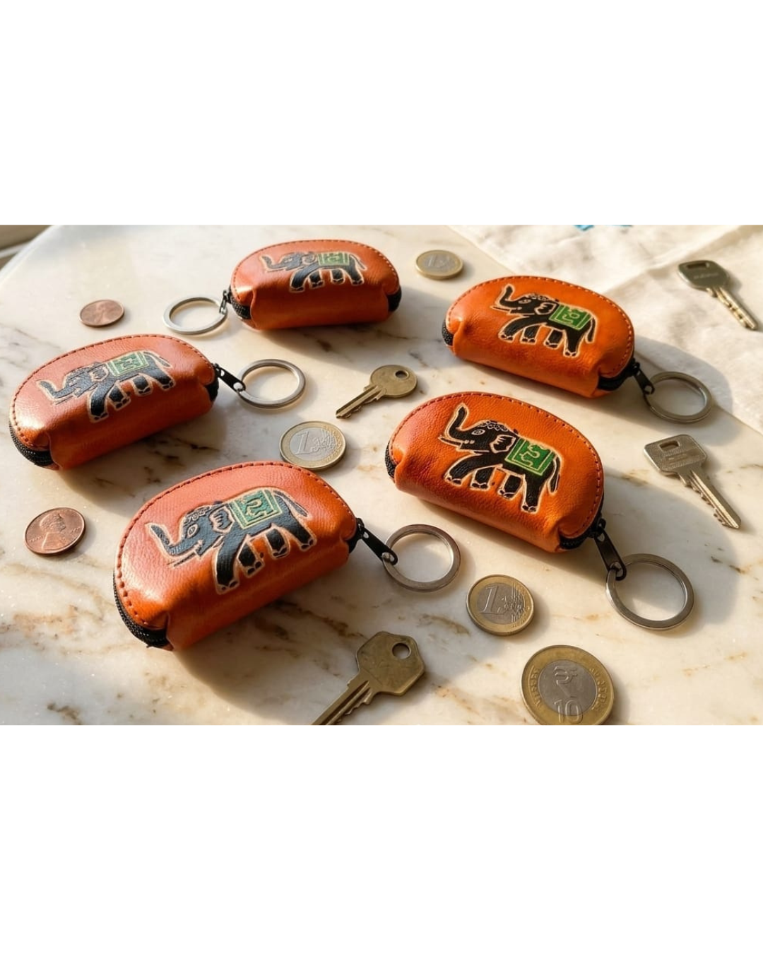 Pure Leather Elephant Design Keyring Keychain with Coin Purse – Set of 5