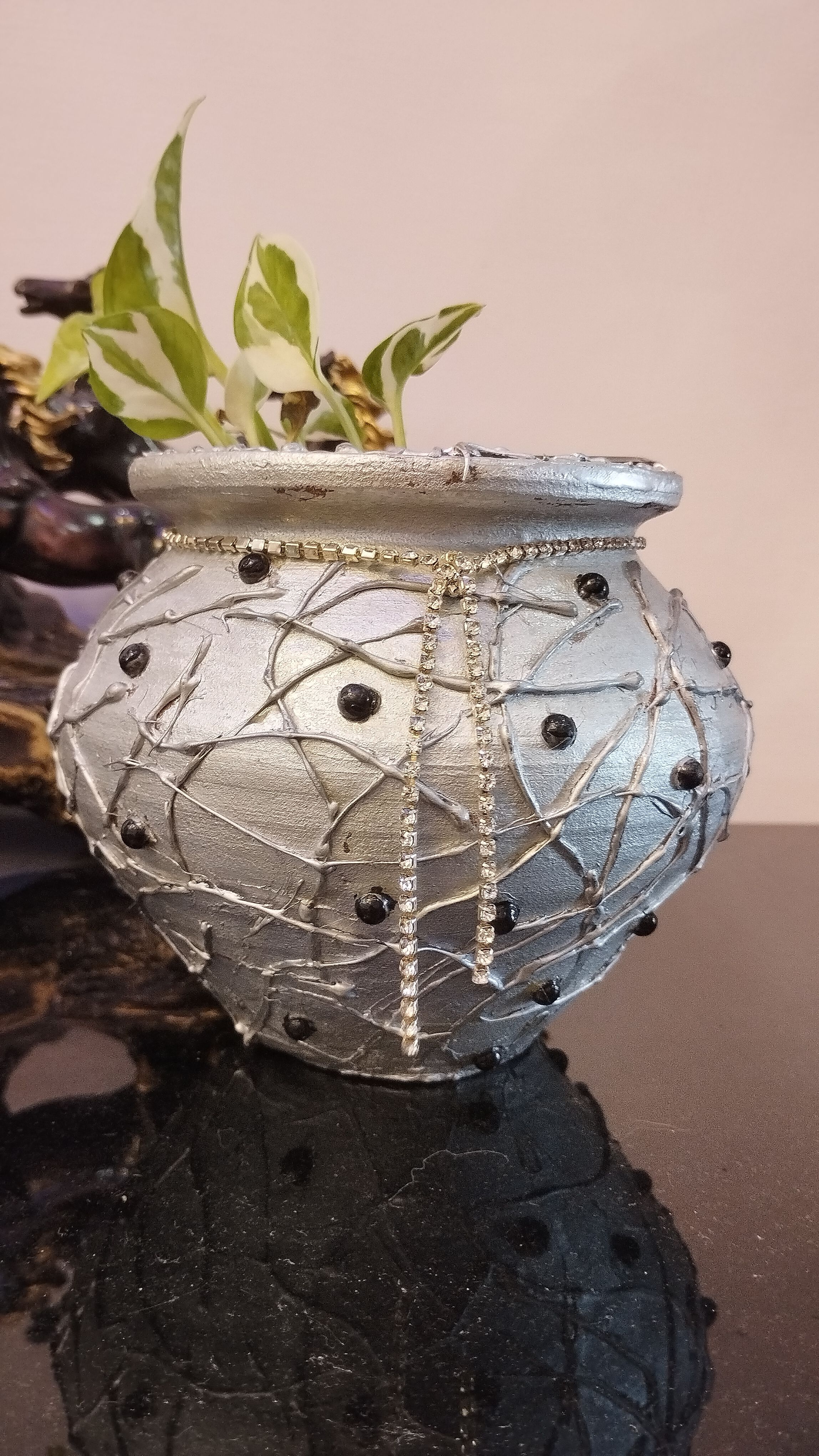 5 inches, antique abstract silver+ textured+ beads with silver stone chain, terracotta/ clay/mitti/ earthen pot for home/ office/living room/ hotel bedroom shelf decor - alternative angle