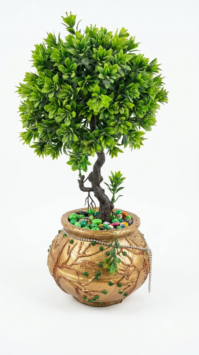 5 inches handcrafted and hand painted terracotta/clay/mitti/earthen pot/ vase | decorative golden pot with raised tree textured with beads+ silver stone chain| planter for artificial flowers and plant - back view
