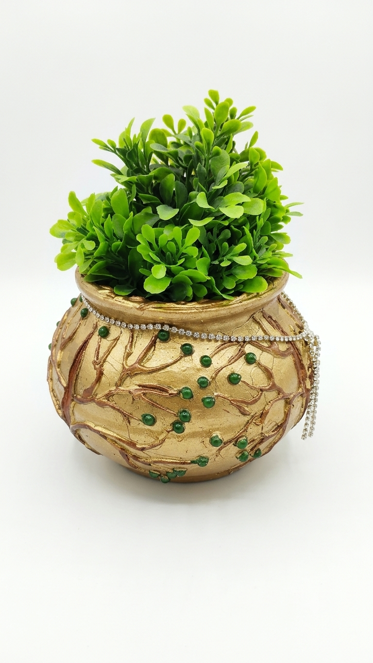5 inches handcrafted and hand painted terracotta/clay/mitti/earthen pot/ vase | decorative golden pot with raised tree textured with beads+ silver stone chain| planter for artificial flowers and plant - detail view