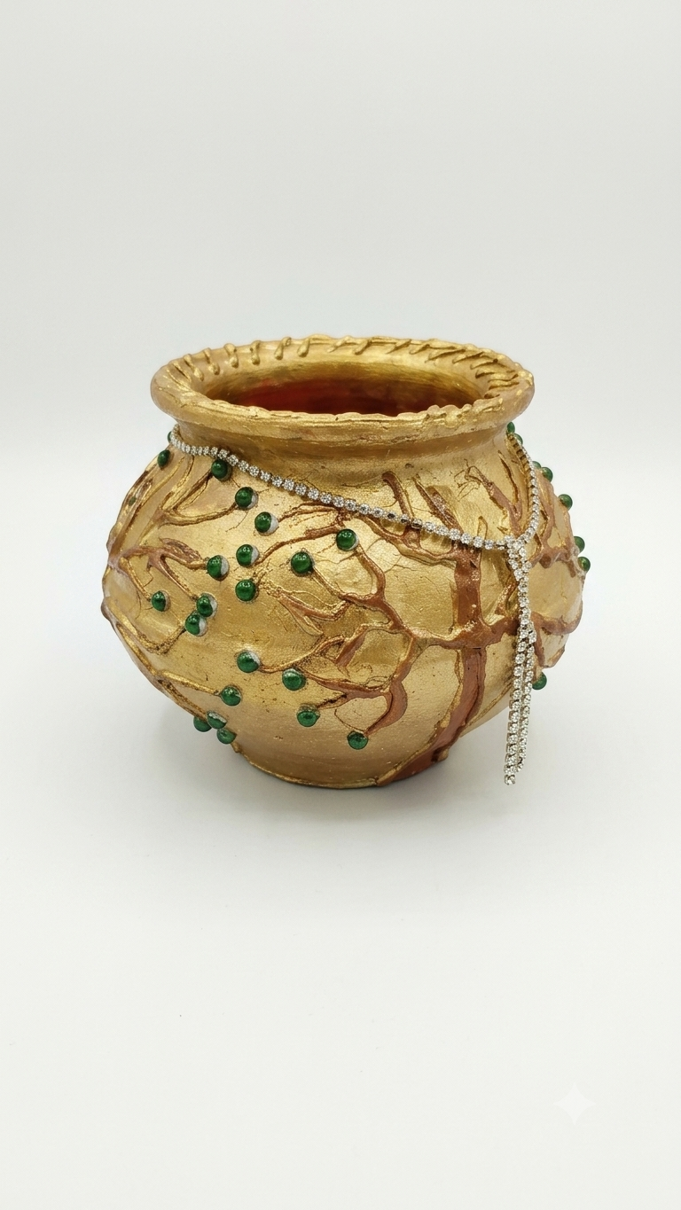 5 inches handcrafted and hand painted terracotta/clay/mitti/earthen pot/ vase | decorative golden pot with raised tree textured with beads+ silver stone chain| planter for artificial flowers and plant - in use