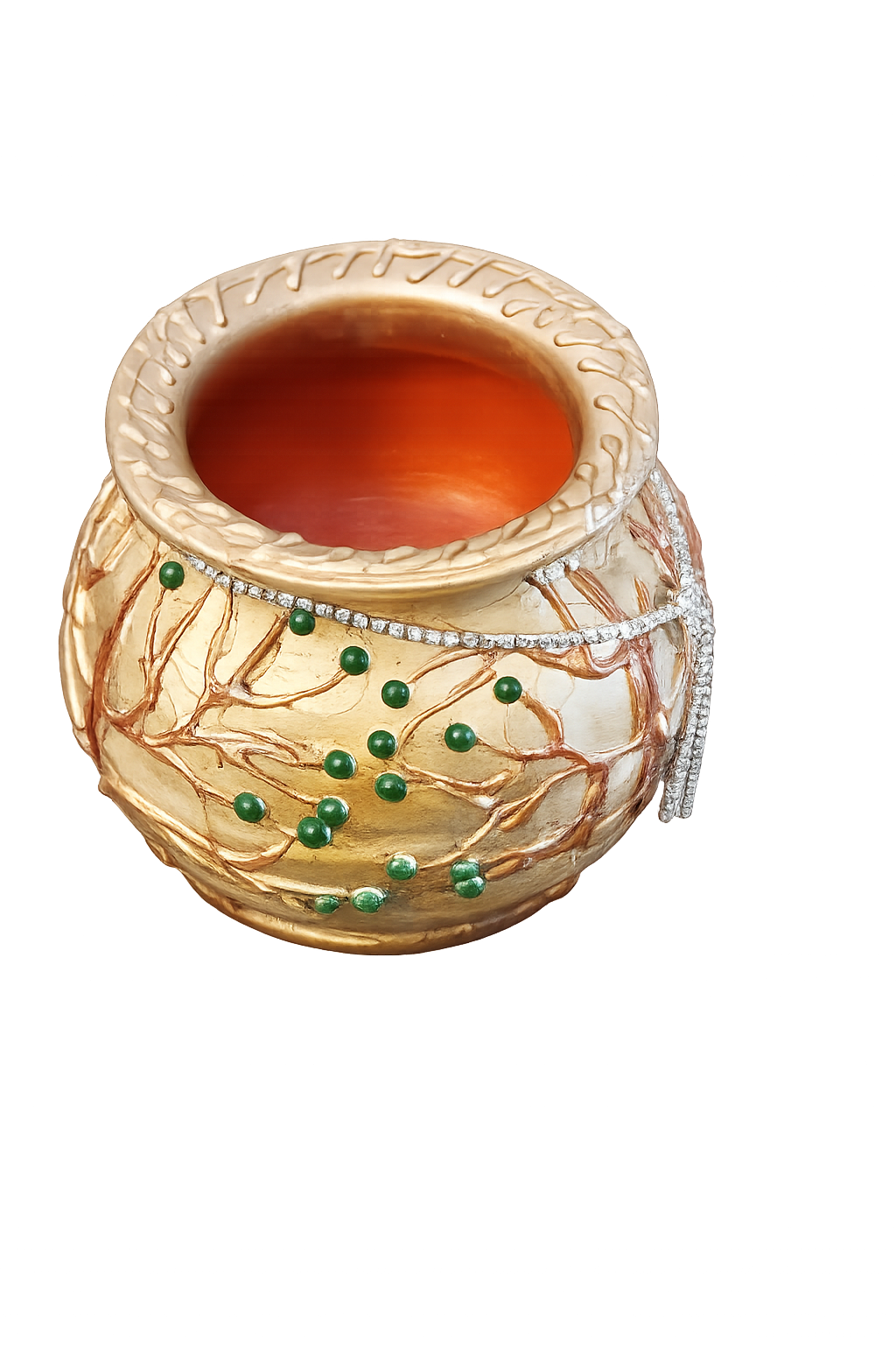 5 inches handcrafted and hand painted terracotta/clay/mitti/earthen pot/ vase | decorative golden pot with raised tree textured with beads+ silver stone chain| planter for artificial flowers and plant - close-up