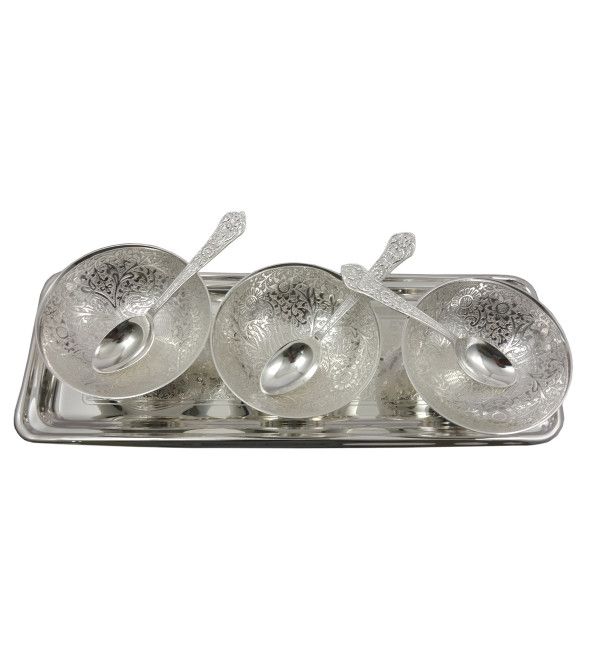 Handcrafted Silver-Plated Brass 3 Katori Bowl Set with Tray & Spoons