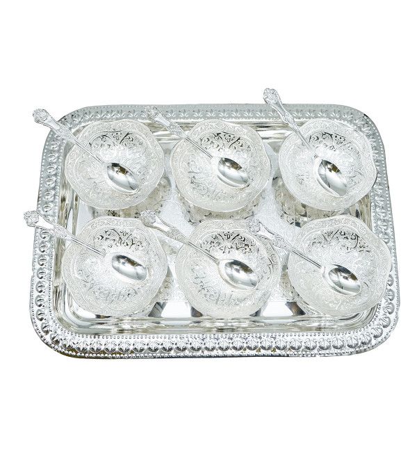 Atisrsti elegant Brass 6 Katori set with Tray & Spoons-Handcrafted Indian table ware (Silver-Plated)  - back view