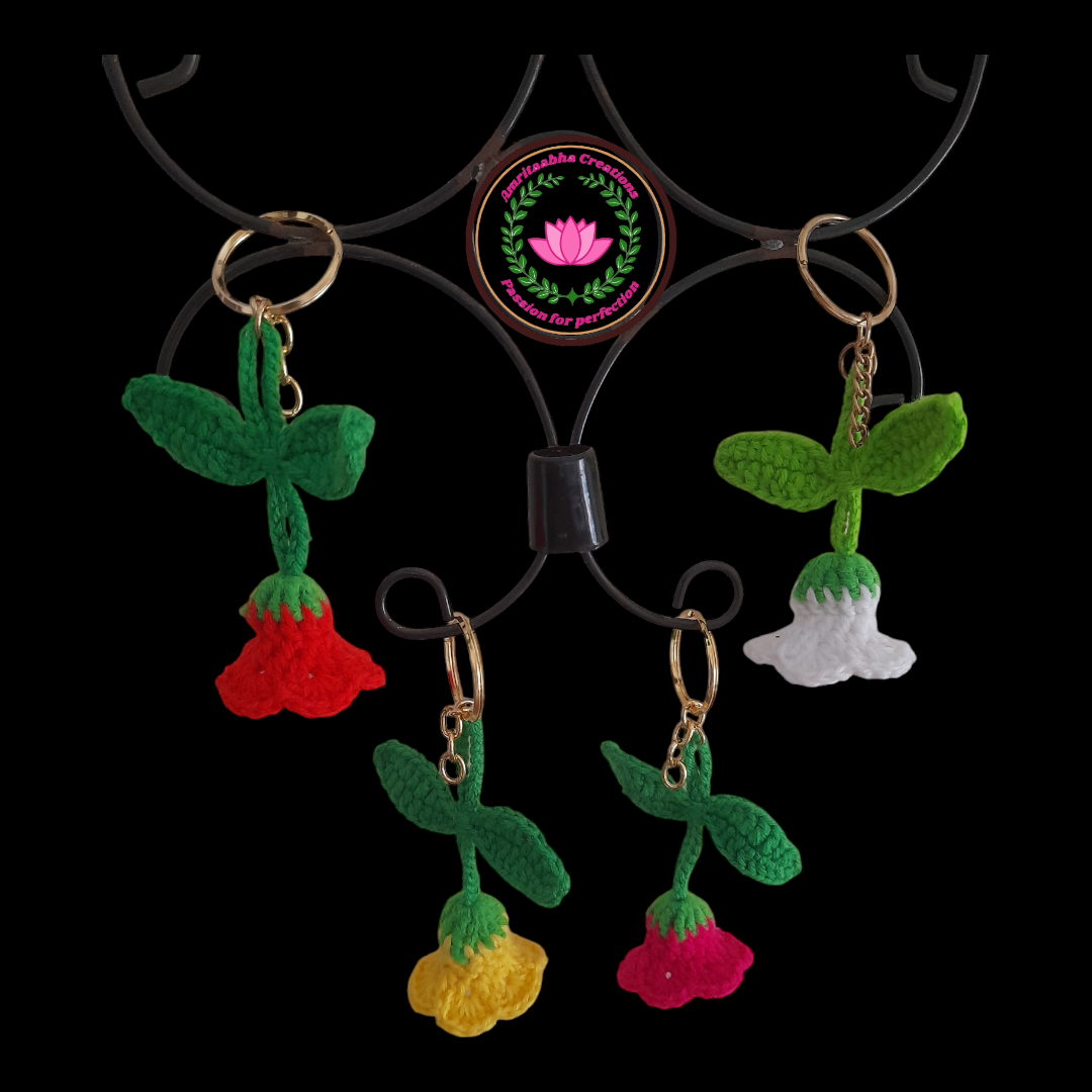 Handmade Crocheted Floral Charm Keychain with Metal Ring