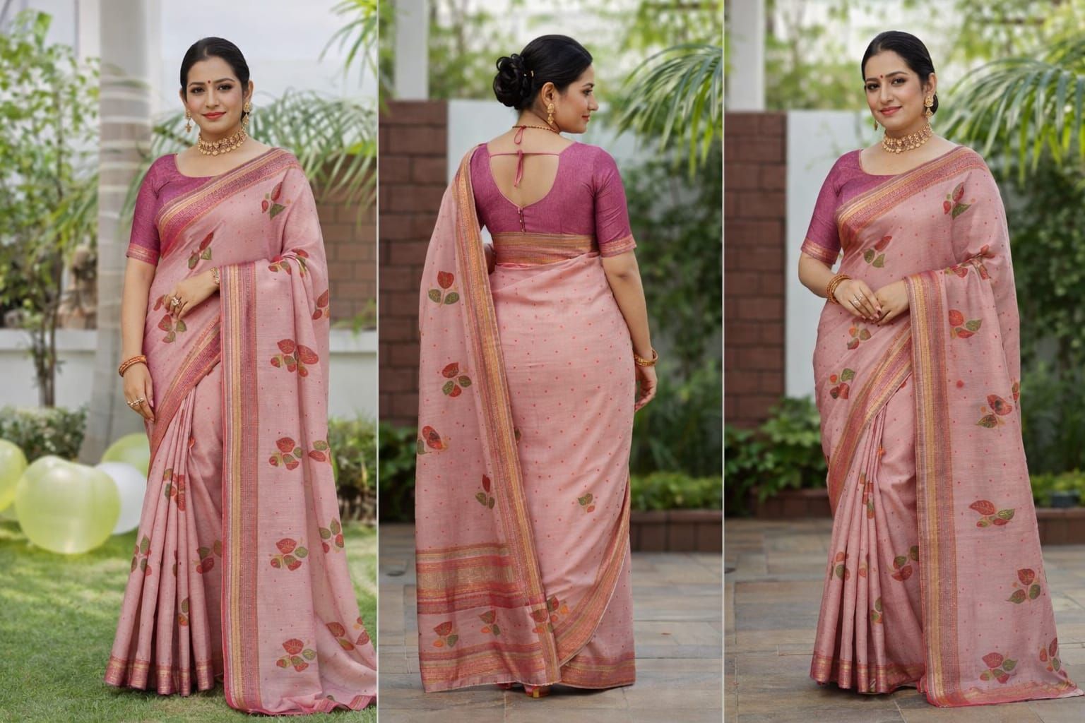 Women's Floral Print Pink Chiffon Saree with Unstitched Blouse Piece