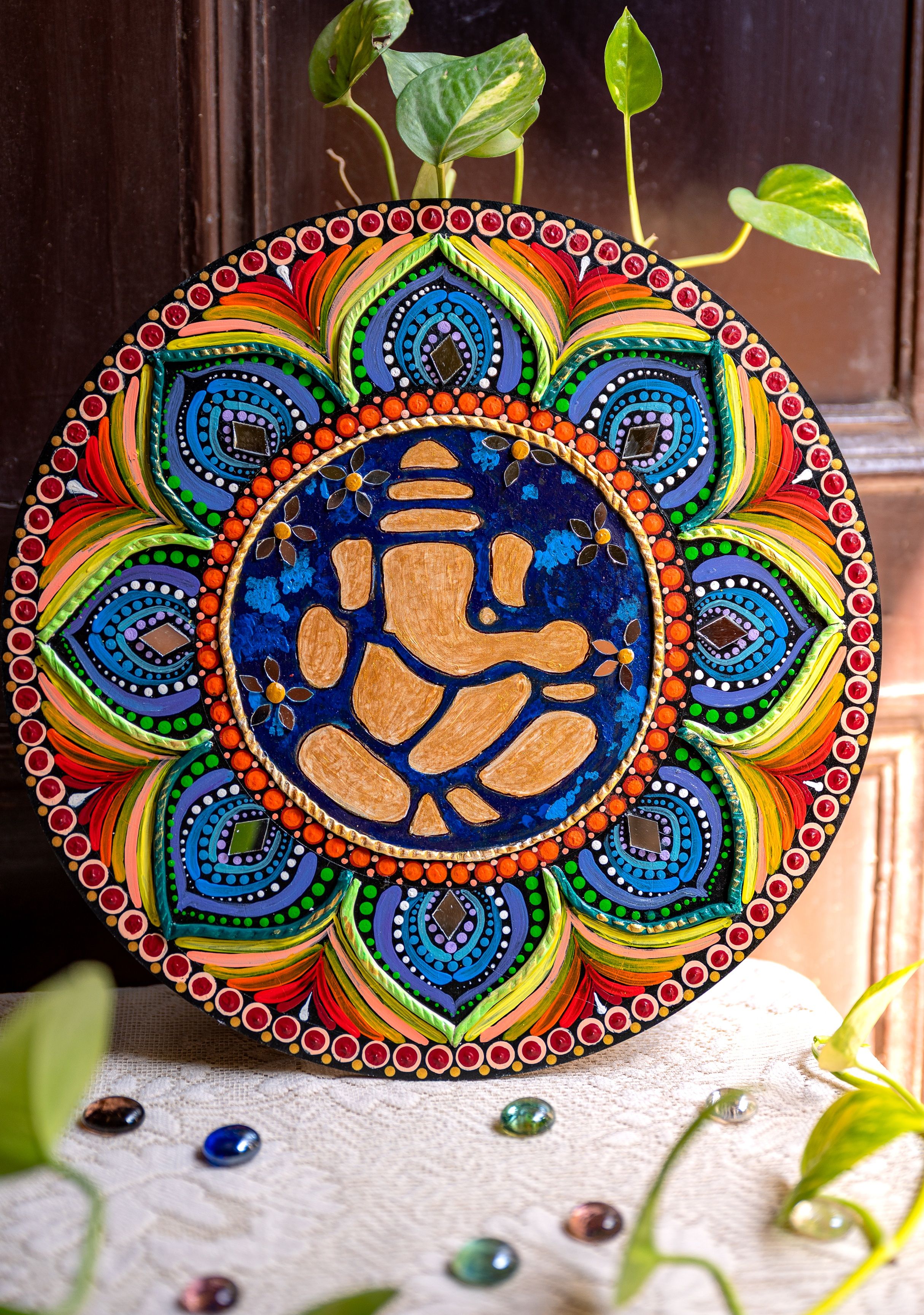 Handcrafted Ganpati Indradhanush Dot Mandala Wall Art (12 Inches)