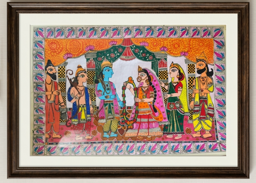 Authentic Hand-Painted Ram Siya Jaymal Mithila Madhubani Artwork