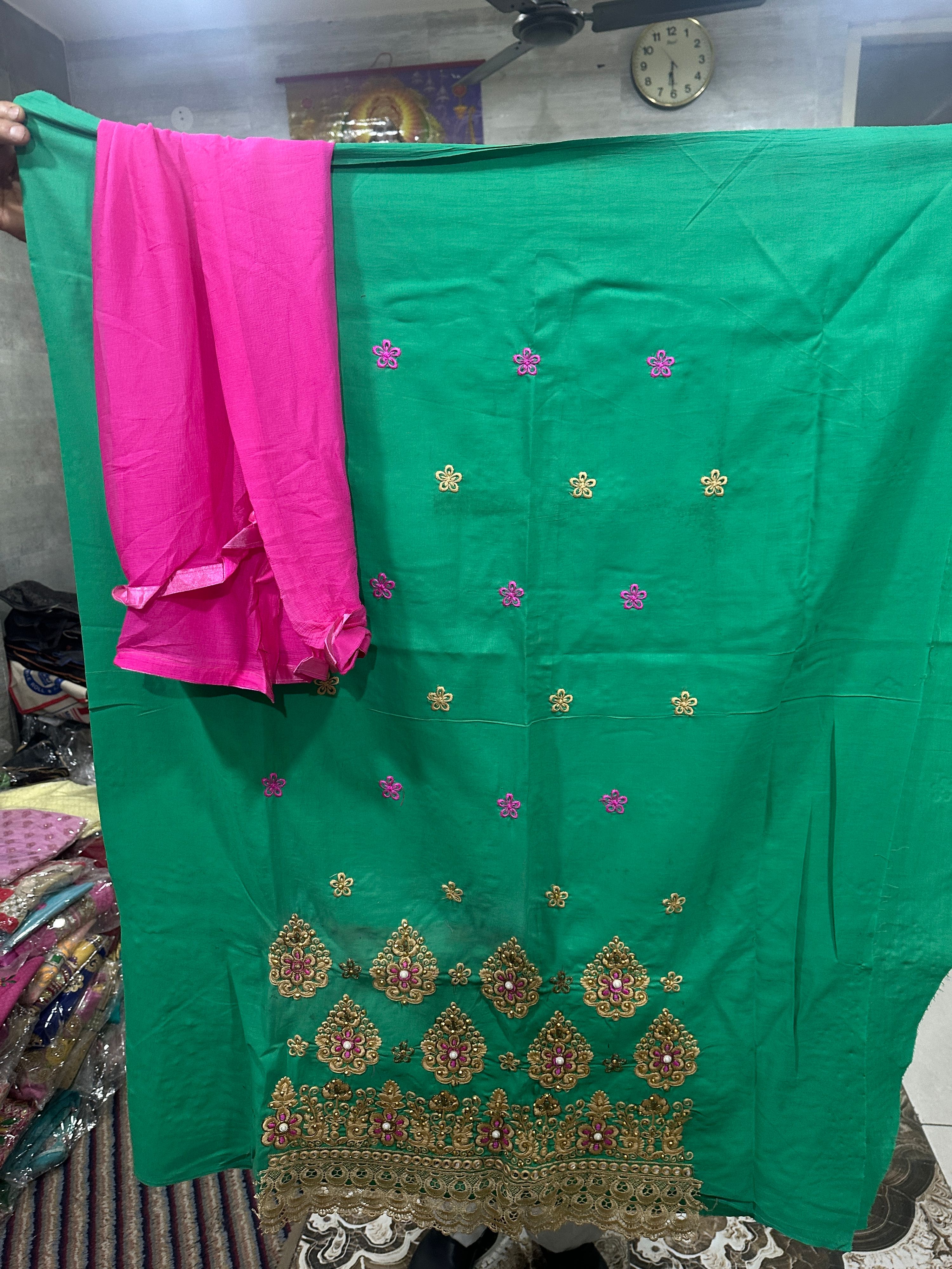 Women's Green & Pink Cotton Unstitched Salwar Suit Set