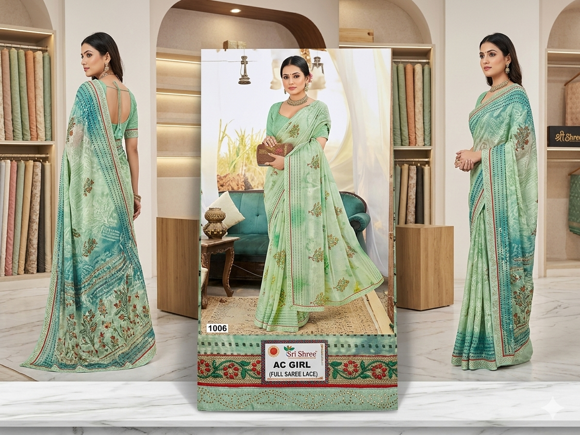 Women's Floral Print Blue Chiffon Saree with Unstitched Blouse Piece