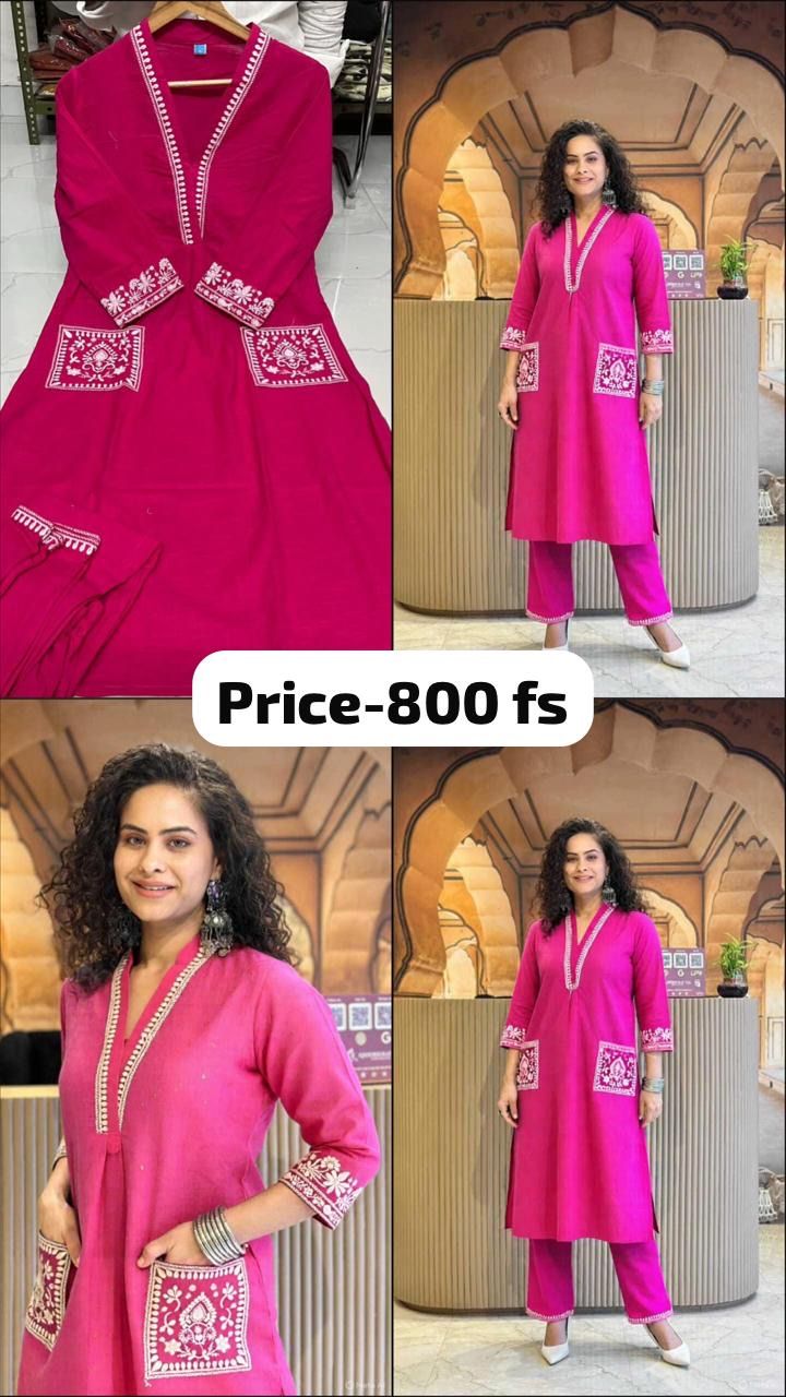 Women's Embroidered Cotton Co-ord Kurta Pant Set
