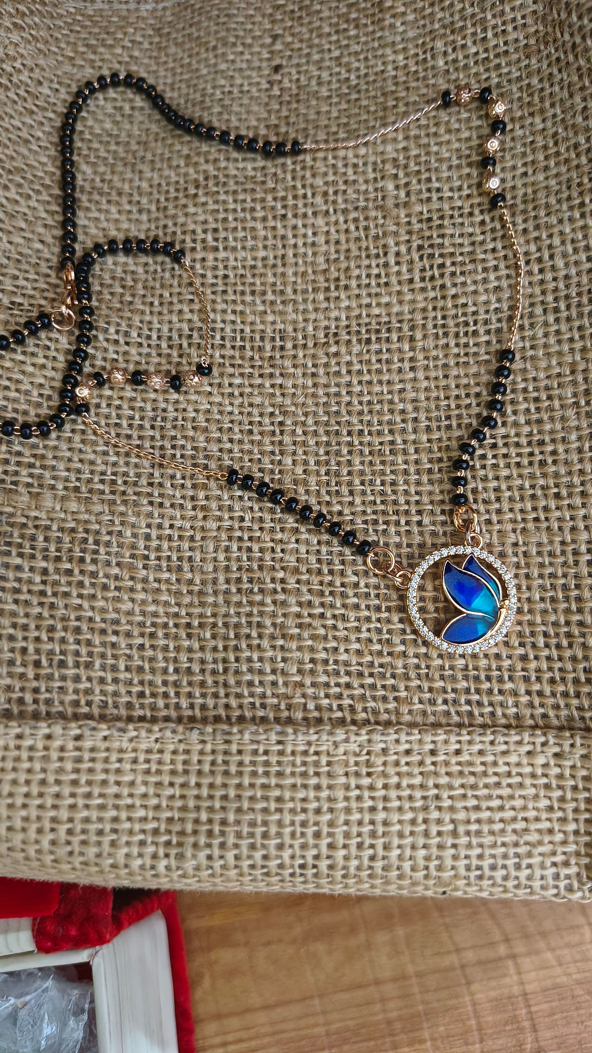 Lightweight Blue Lotus Pendant Mangalsutra | AD Stone Border | Anti-Tarnish | Daily Wear Premium