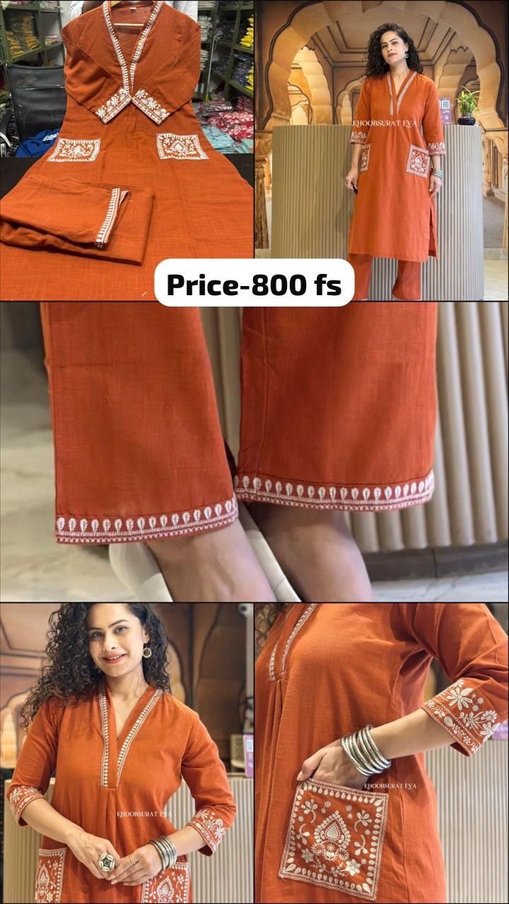 Women's Embroidered Cotton Co-ord Kurta Pant Set